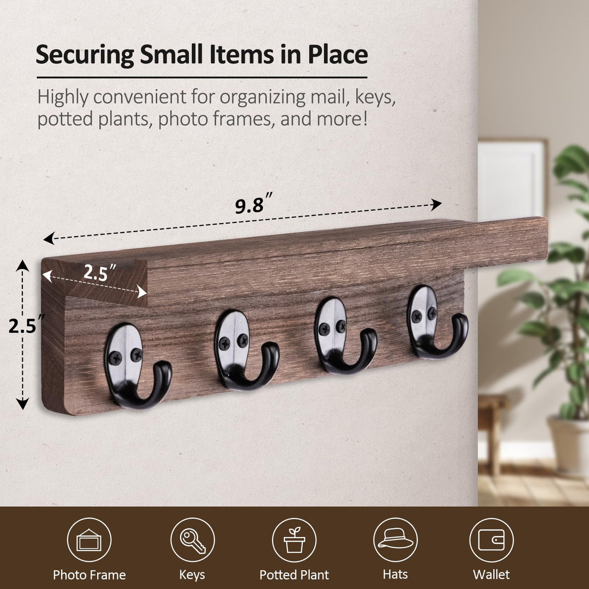 Nekon Key Holder for Wall Organization, Wooden Mail and Key Organizer for Entryway Hallway Kitchen Farmhouse, Key Holder Wall Mounted (Brown, 9.8 Inch) Nekon