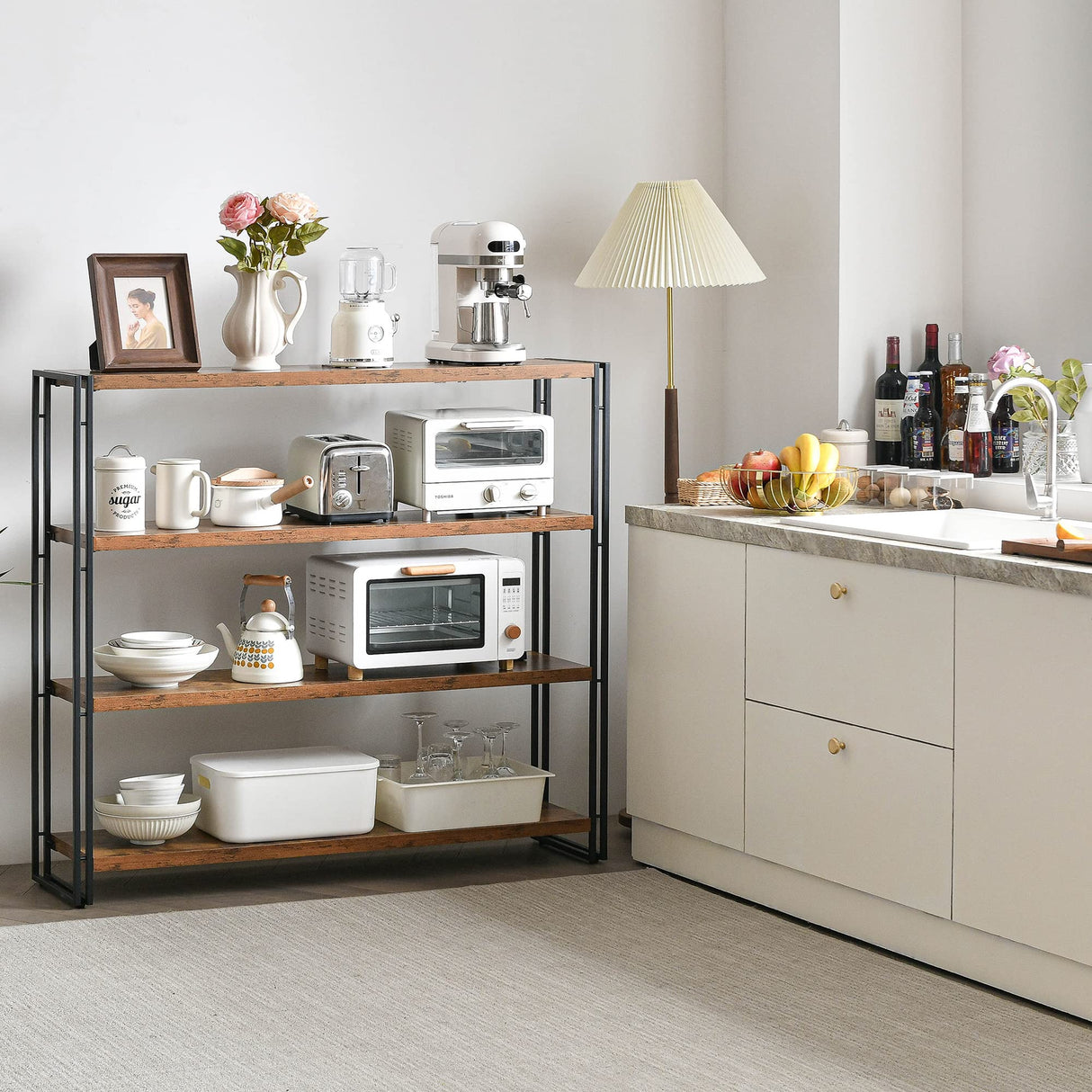 HCHQHS Bookshelf,4-Tier Industrial Bookcase,Rustic Wood and Metal Open Display Book Shelves Home Office,Bedroom Standing Shelf Unit,Horizontal Kitchen Shelf Organizer,Bathroom Storage Rack 47in