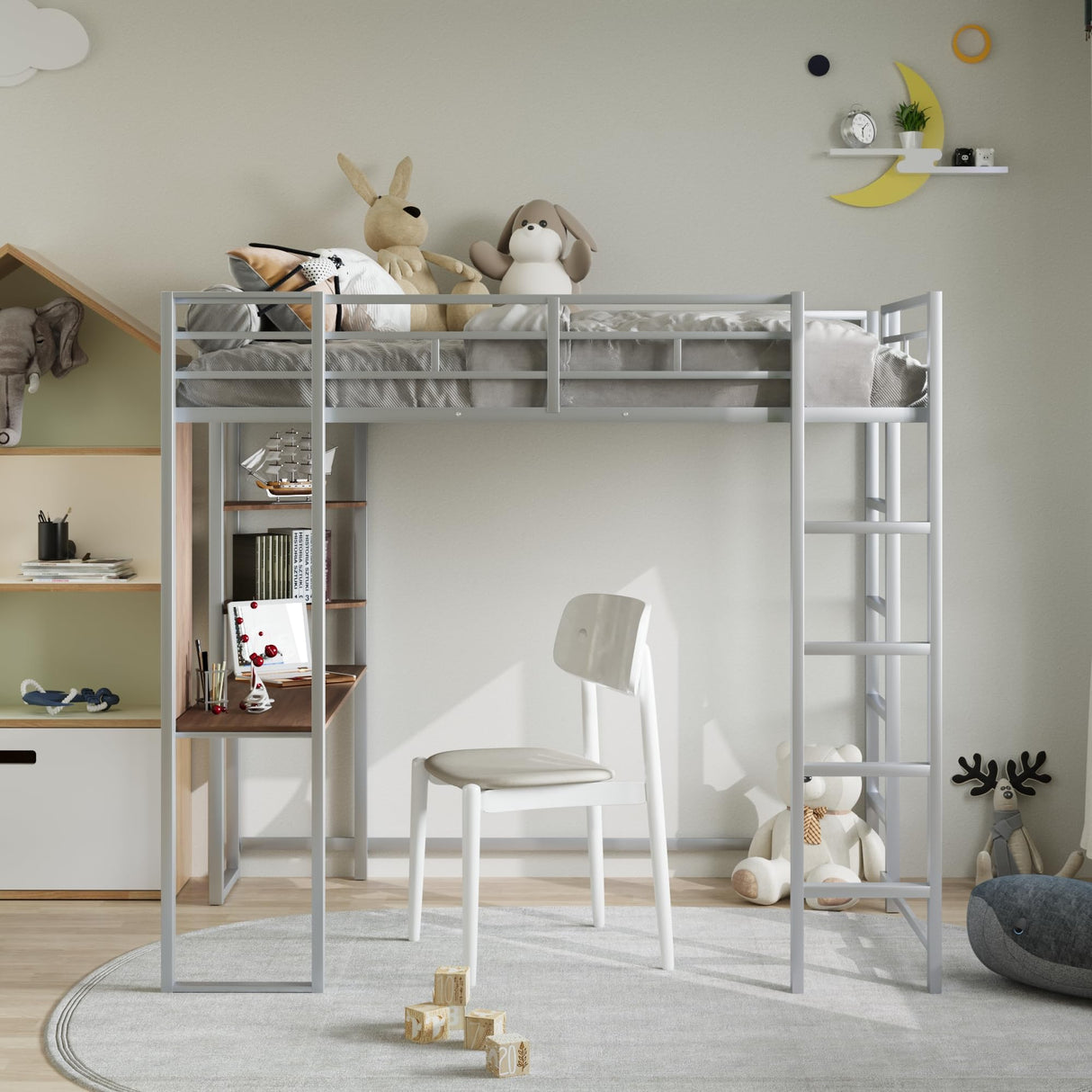 Merax Silver Full Loft Bed with Built-in Desk and Shelves for Efficient Space Utilisation Merax