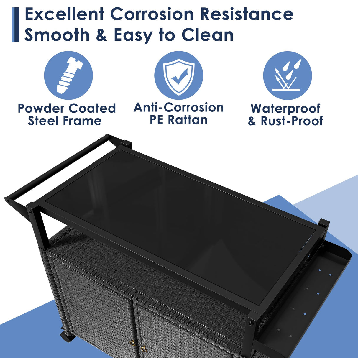 Xilingol Outdoor Bar Table, Wicker Bar Cart with Cabinet, Patio Serving Cart with Tempered Glass Top, Lockable Wheels, Rounded Handle & Side Basket for Garden, Poolside & Backyard, Black Xilingol