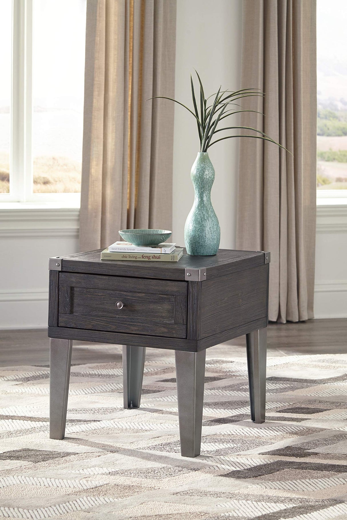 Signature Design by Ashley Todoe Industrial Square End Table with 1 Drawer, 2 Outlets and 2 USB Charging Ports, Dark Gray with Weathered Pine Finish Signature Design by Ashley