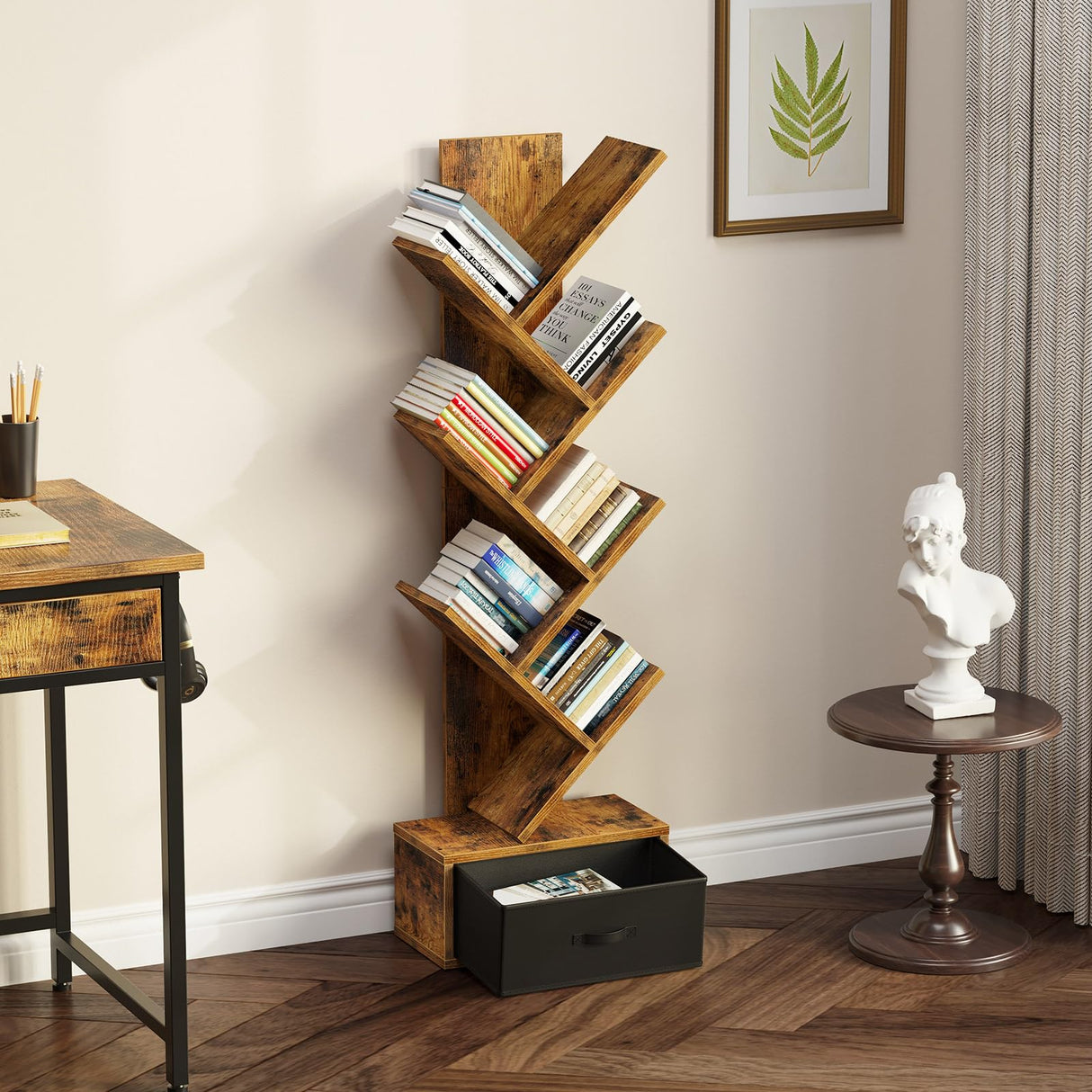 Rolanstar 7 Tier Bookshelf with Drawer, Tree Bookshelf, Small Bookshelves with Storage Rack for CDs/Movies/Books, Standing Book Shelf, Tall Narrow Bookcase for Living Room, Bedroom, Rustic Brown Rolanstar