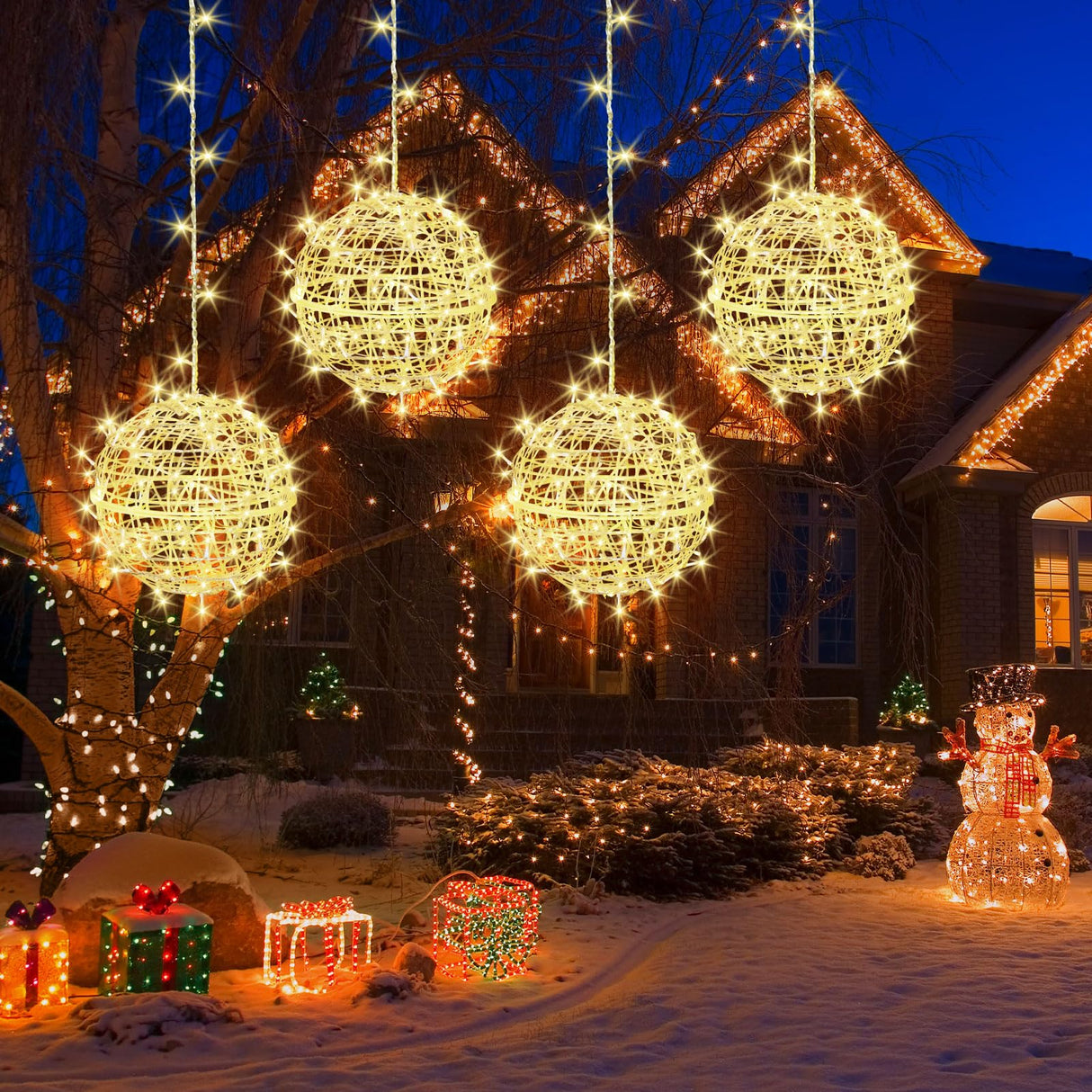Outdoor Christmas Balls Lights 4 Pack Hanging 7.9" LED Garden Sphere Tree Lights 8 Modes Waterproof Glow Globe Lights with Memory Timer Plug for Party Yard Porch Eave Patio Xmas Decoration-Warm White SenLuKit