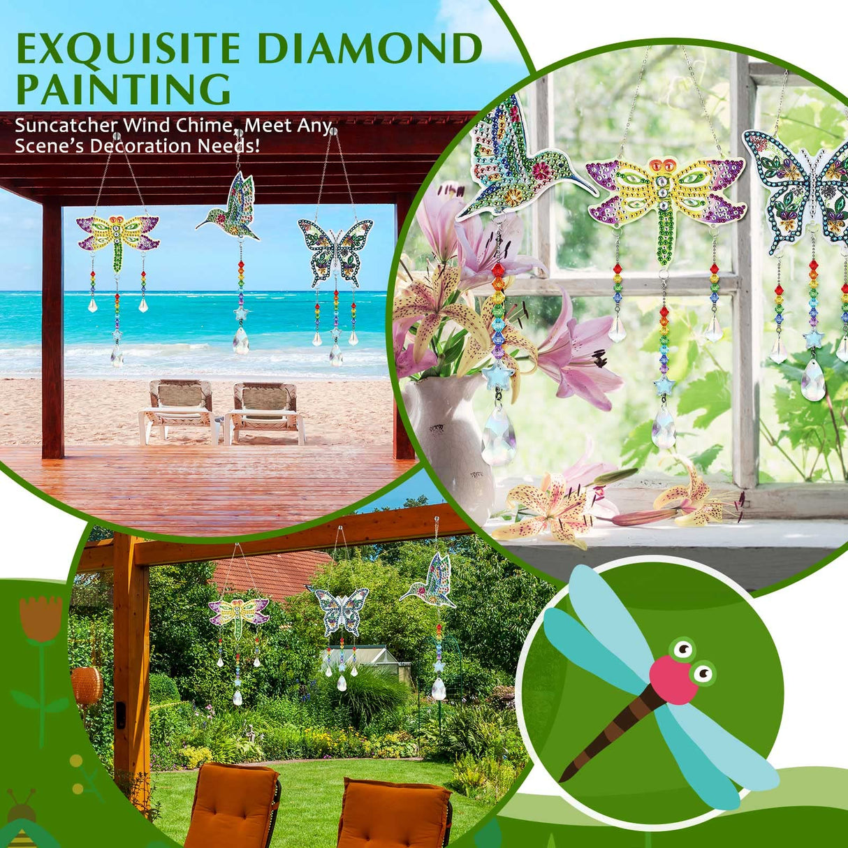 Jetec 3 Pieces Diamond Art Kits Painting Suncatcher Wind Chime Double Sided Crystal Gem Paint by Number Hanging Ornament for Adults DIY Window Home Garden(Dragonfly, Butterfly, Hummingbird) Jetec