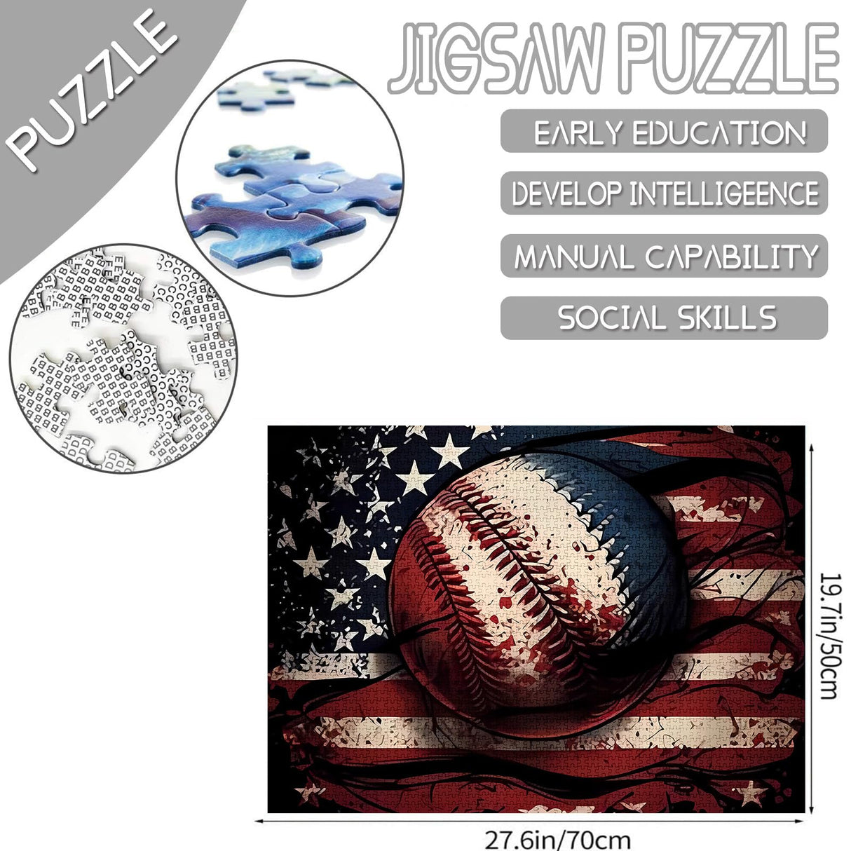 Baseball Jigsaw Puzzle 1000 Pieces Puzzles for Adults,American Flag Jigsaw Puzzles for Challenging Family Activity Games DIY Puzzle for Home Wall Decor Gifts - 20 x 27 Inches Aihonmin