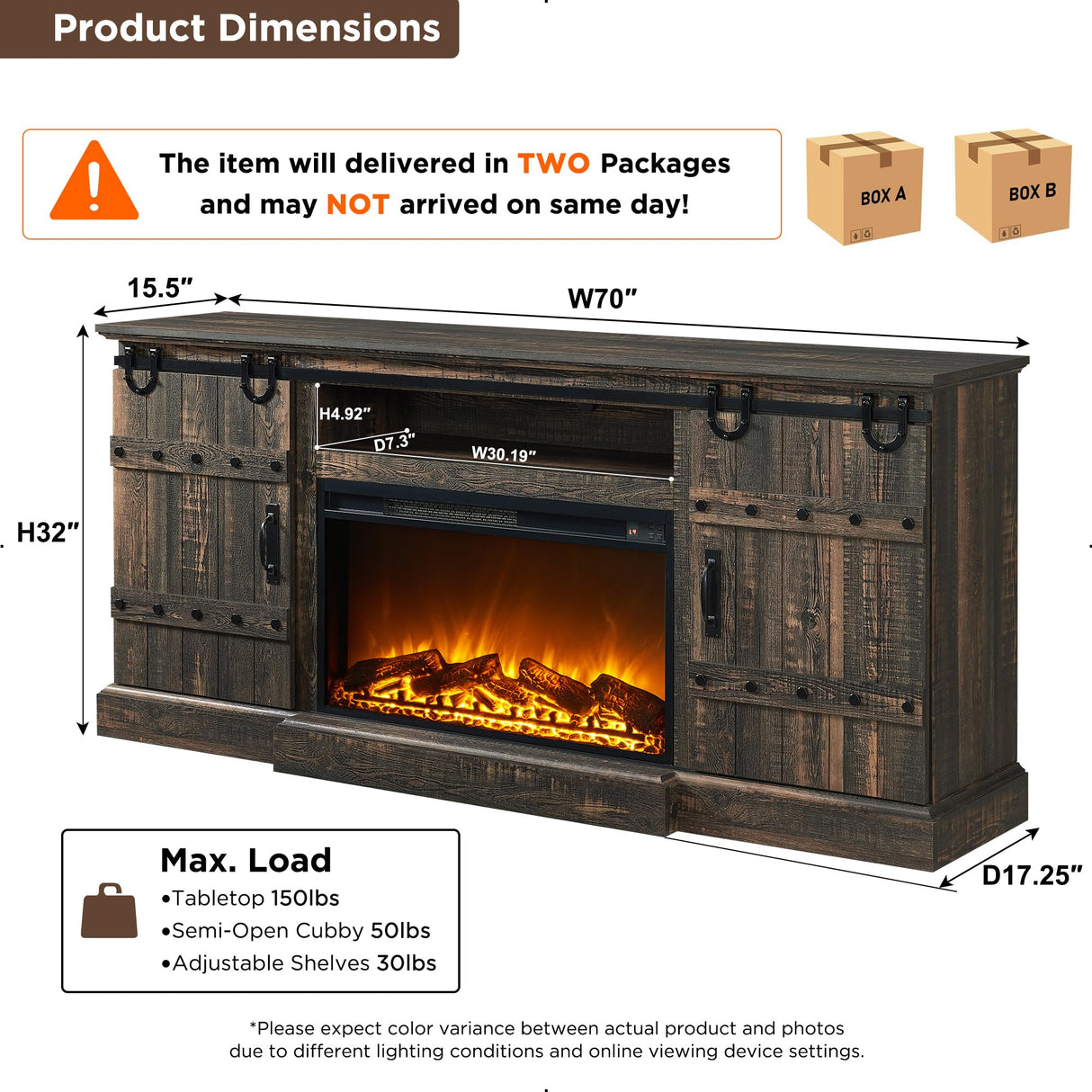 OKD Fireplace TV Stand for 75 80 Inch TV, Farmhouse Entertainment Center with Sliding Barn Doors, Rustic Media Console Table with Storage Cabinets for Living Room, Dark Rustic Oak OKD