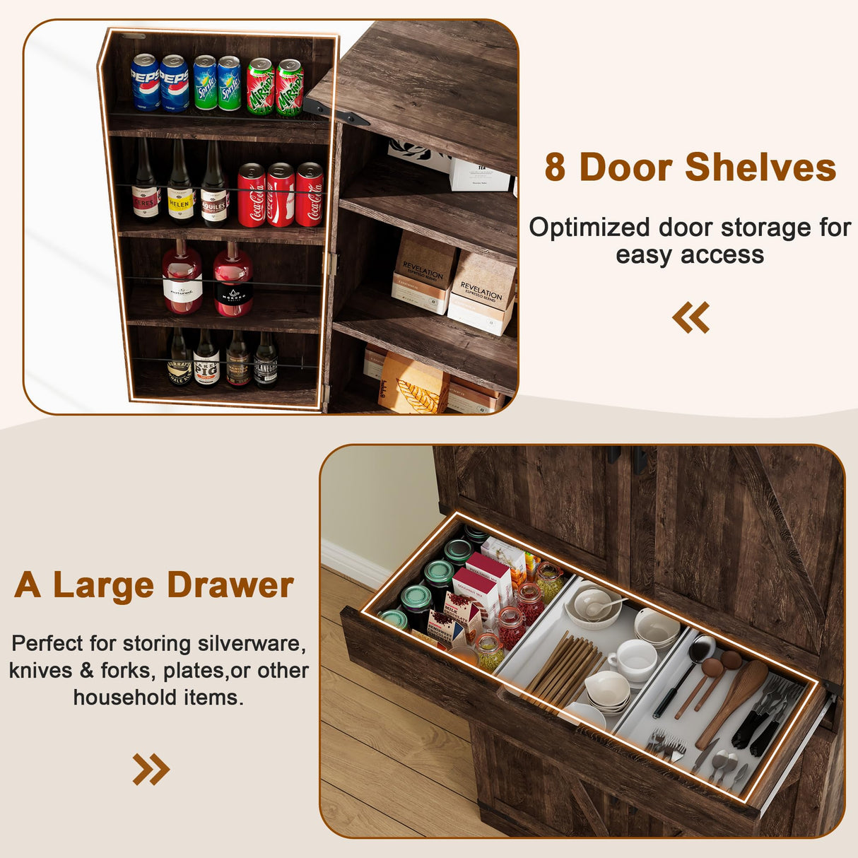 GRUSIGN 72" Tall Storage Cabinet, Kitchen Pantry Cabinet with Adjustable Shelves & Sturdy Steel Frame, Farmhouse Pantry Storage with 4 Barn Doors for Kitchen, Dining Room, and Living Room, Dark Grey GRUSIGN