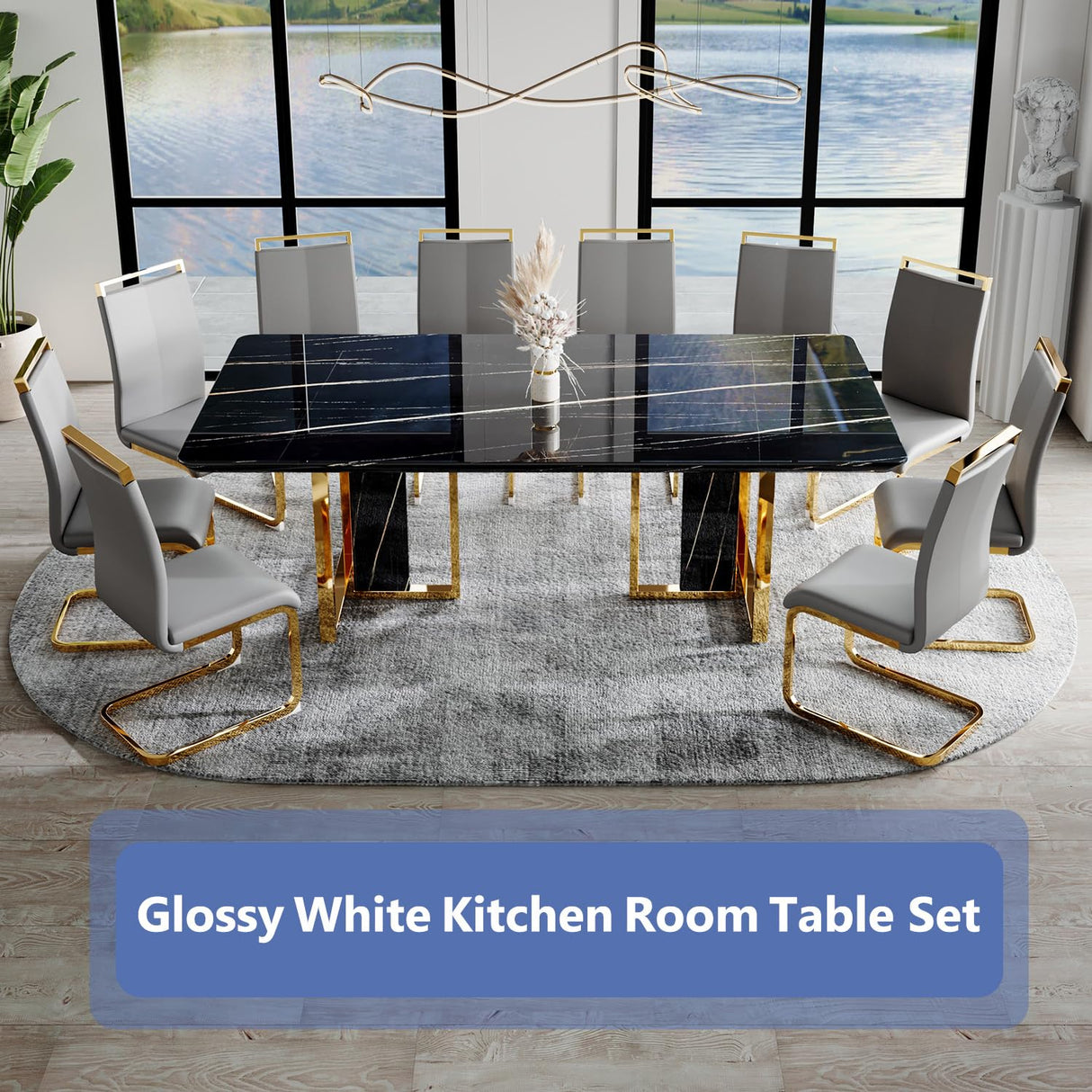79in Dining Table Set For 10,Kitchen Table Chairs Set With Glossy Faux Mareble Table Top ,Black Rectangle Dining Room Table Set For 10,11 Piece Kitchen Table And Chairs Set For Kitcken Dining Room JUFU