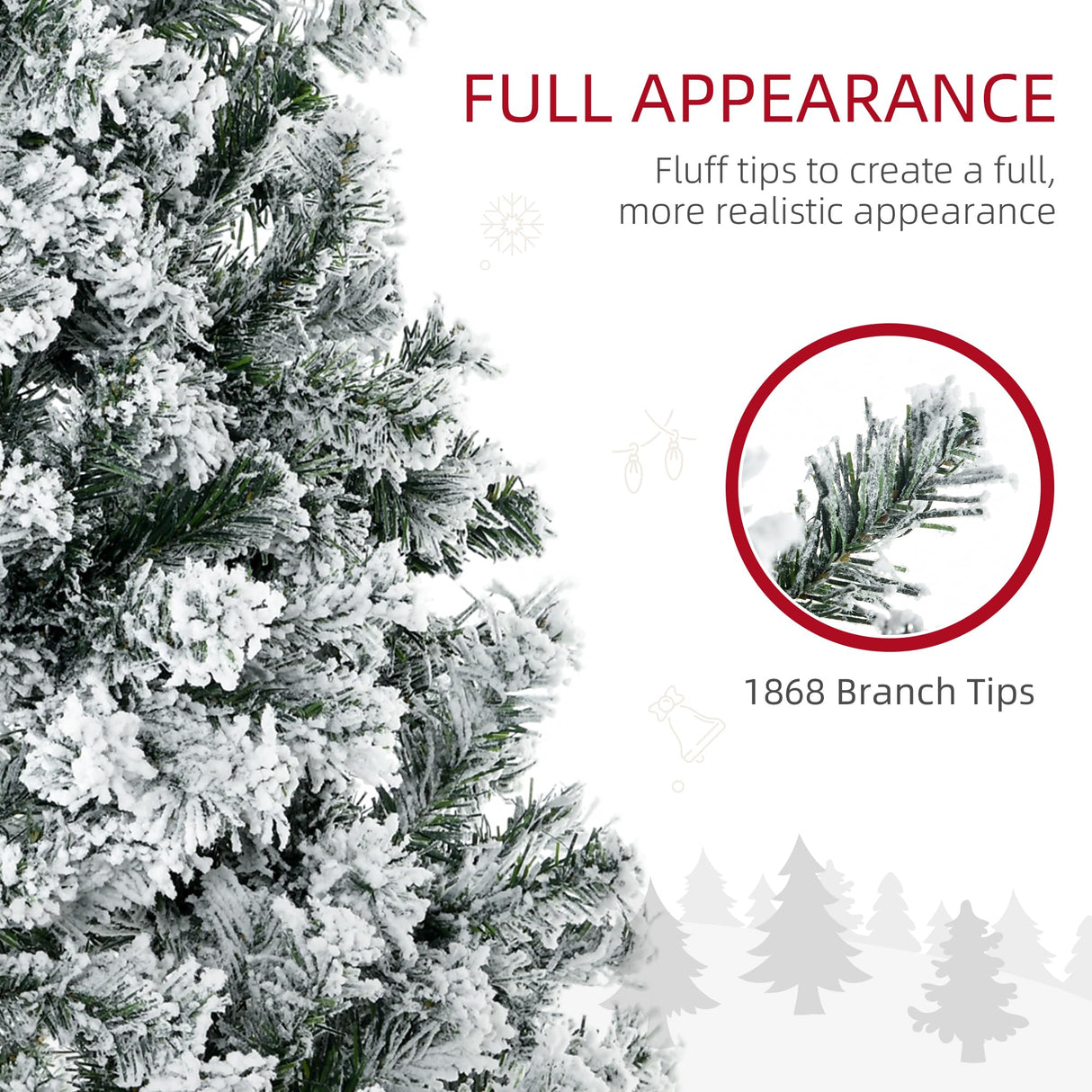 HOMCOM 9ft Tall Prelit Artificial Christmas Tree Holiday Décor with 1868 Snow Flocked Branches, 600 Warm White LED Lights, Auto Open, Green HOMCOM