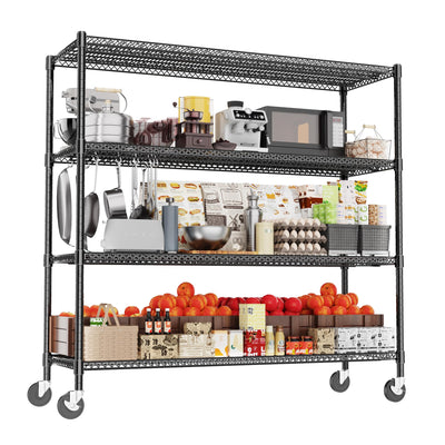 Heavy Duty Shelving, 76.2" H Garage Shelving Unit with Wheels, 4-Tier Garage Storage Shelves Metal Shelves Rack, Adjustable Industrial Shelving for Warehouse Storage, 60" W x 24" D x 76.2" H, Black