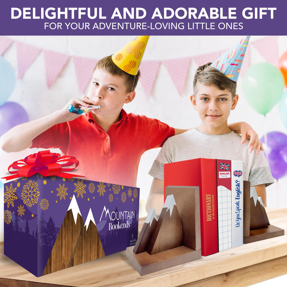 Decorably Dark Walnut Mountain Book Ends for Kids - 1 Set Non-Skid Wooden Bookends for Shelves, Book Ends Decorative Decorably