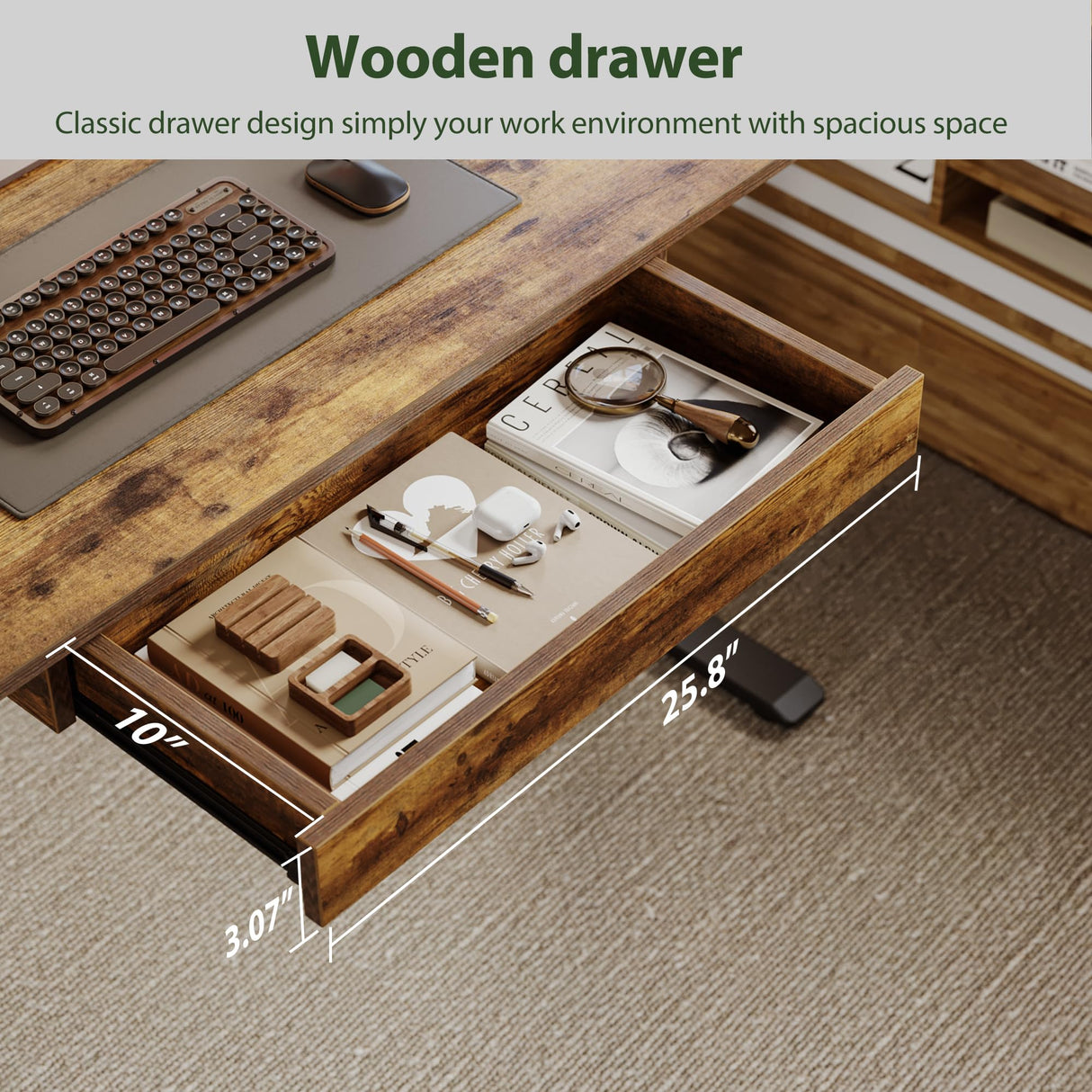 Agilestic Adjustable Height Electric Standing Desk with Storage Wooden Drawer, 48 x 24 Inches Stand Up Home Office Computer Gaming Table with Splice Board for Work Office Home, Rustic Brown Agilestic