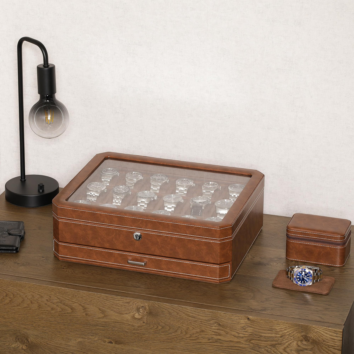 ROTHWELL 18-Slot Watch Case with Drawer – Luxury Watch Box for Men, Real Glass Top, Lockable, Display Case for Collections (Tan/Brown) ROTHWELL