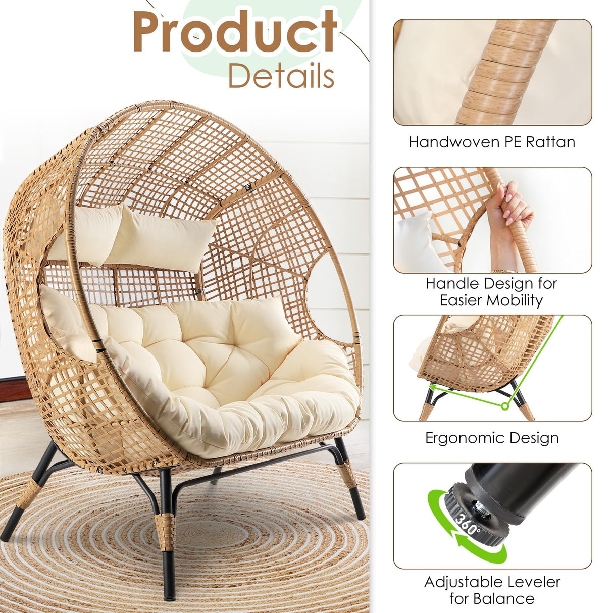 RADIATA Double Egg Chair with Footrests, 2 Person Wicker Lounge Chair with Thickened Cushion and Legs, Outdoor Wide Loveseat for Patio Garden Porch Indoor 680 lbs Weight Capacity (Beige with ottomans) RADIATA