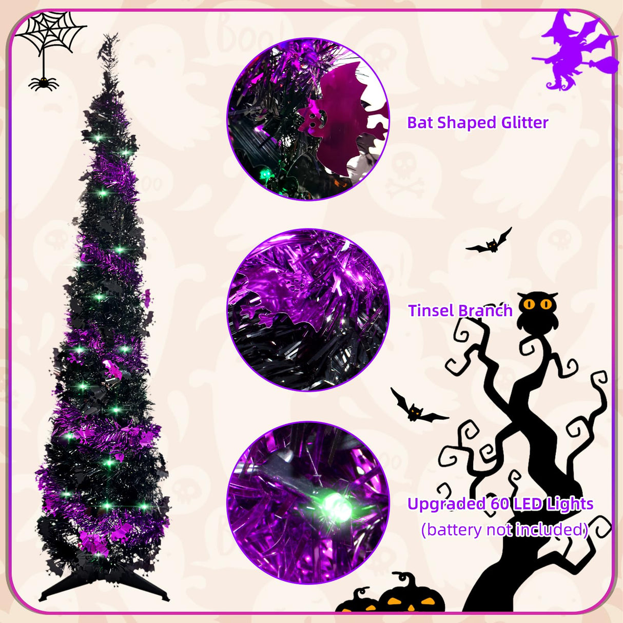Pop up Christmas Tree for Indoor Decoration,5FT Pre-lit Mini Halloween Tree with 60 Lights,Black Artificial Pencil Tree Collapsible Tinsel Lighted up Christmas Tree luxfcup