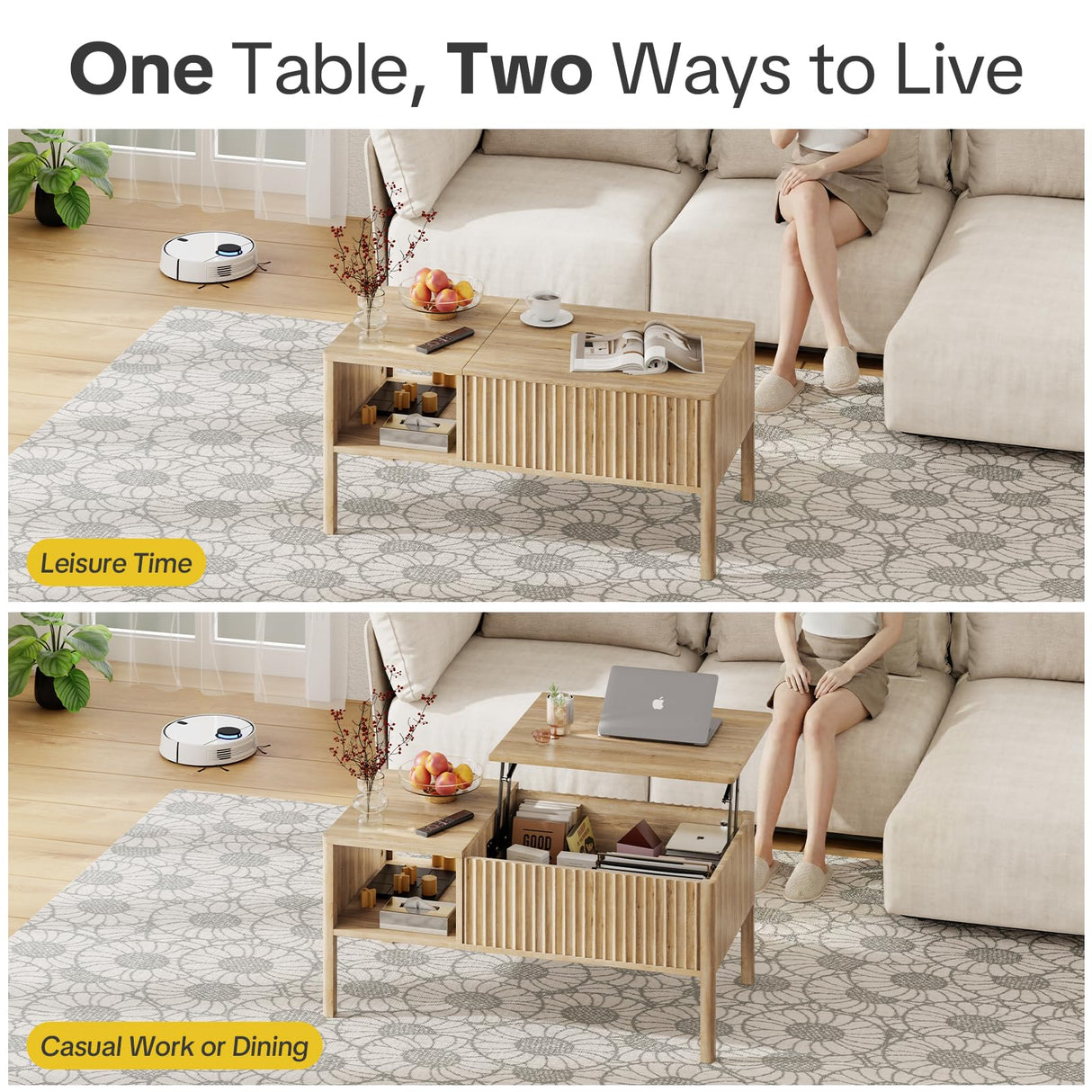 Fluted Lift Top Coffee Table for Living Room, Small Coffee Table with Storage Hydraulic Lift Large Capacity, Sturdy Legs Safe Round Corner, Easy Assembly for Small Spaces, Vertical Grain-Natural RUMBALUXY