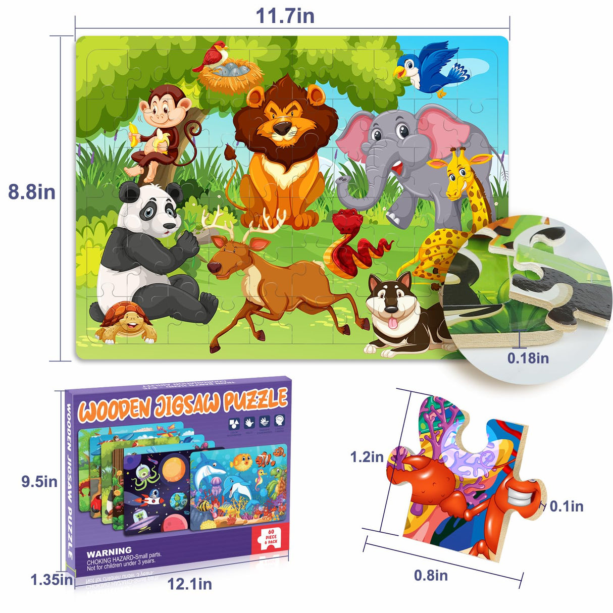 Roberly Wooden Puzzles for Kids Ages 4-8, 60 Pieces Jigsaw Puzzles for Kids 3 4 5 6 7 8 Preschool Learning Educational Puzzle Toys Set for Boys Girls - Dinosaur, Ocean, Animal, Insect, Space, Vehicles Roberly