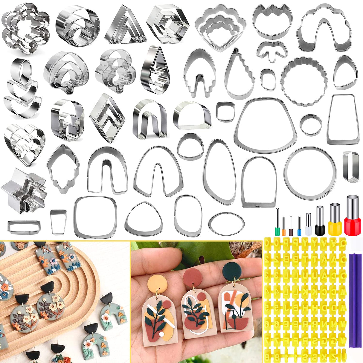 PTFJZ Polymer Clay Cutters for Earring Making 76pcs Clay Tools Set 67 Shapes Stainless Steel Clay Cutters with 8 Circle Shape Cutters 1 Letter Stamp PTFJZ