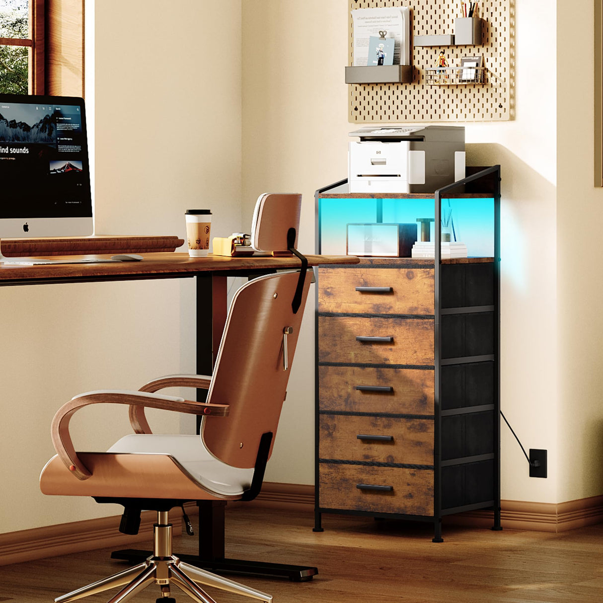 EKNKOZY Nightstand 5 Drawer Dresser with LED Lights and Charging Station, Vertical Side Table with Fabric Drawers, End Table with Open Shelf, Tall Dresser for Bedroom, Hallway, Entryway, Rustic Brown EKNKOZY