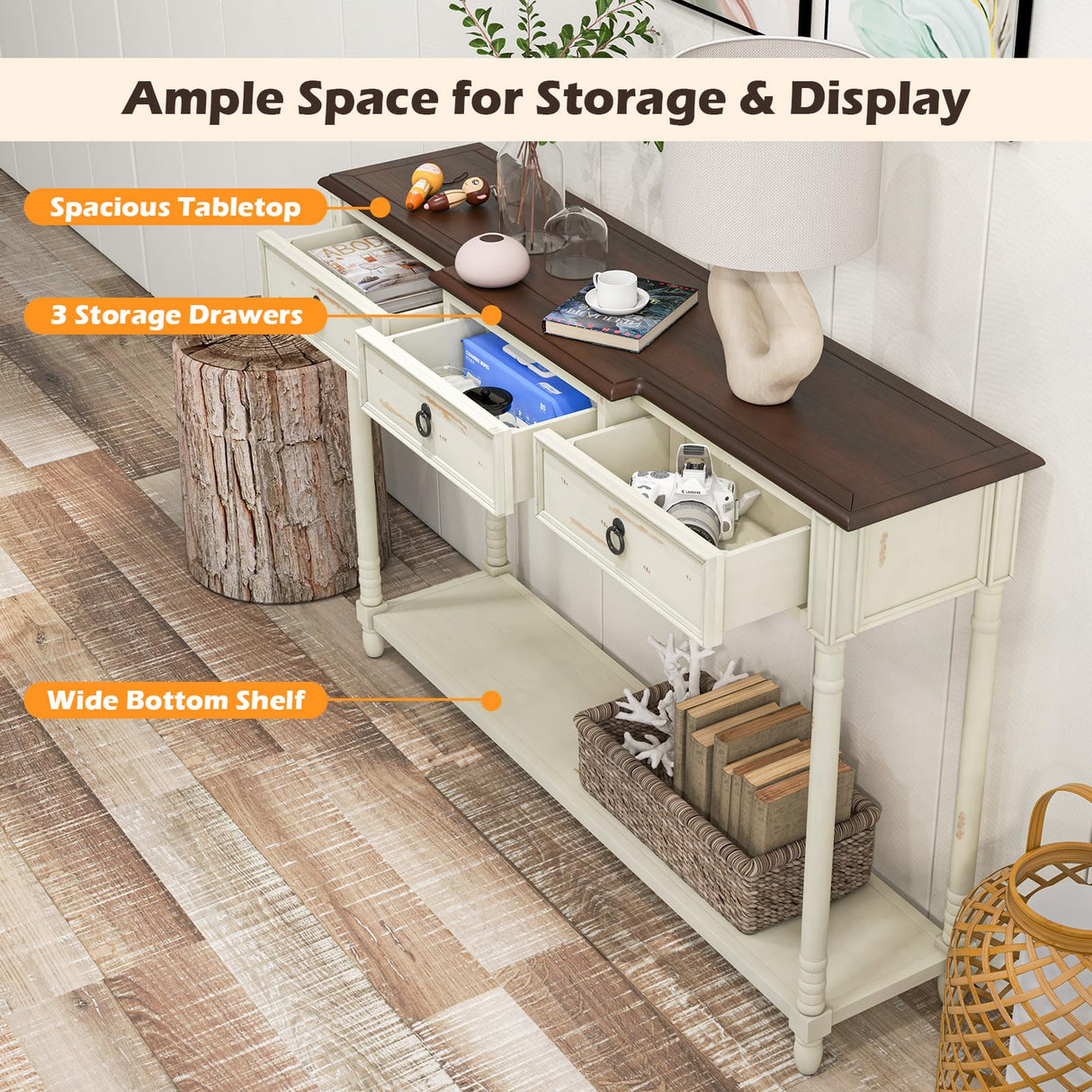 Giantex Console Table with 3 Storage Drawers - Entry Table, Rustic Farmhouse Entryway Table with Open Storage Shelf, Solid Wood Legs, Long Sofa Table Giantex