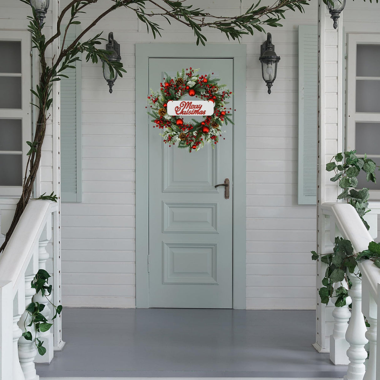 AMF0RESJ 20 inch Artificial Christmas Wreath Winter Wreath with red Ball,red Berry,Pine Needles for Indoor Outdoor Farmhouse Home Wall Window Festival Wedding Decor AMF0RESJ