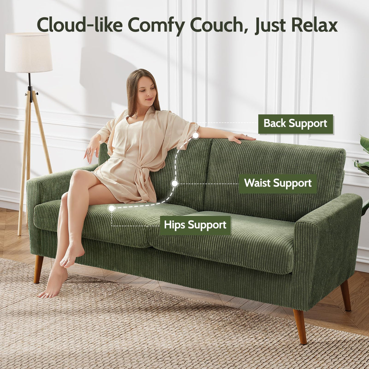 WEUP 68" Loveseat Sofa Green Corduroy Couch, Mid Century Modern Love Seat Couches for Living Room, Small Loveseat for Bedroom Office, Comfy Sofa with Spring Cushion, Solid Wood, Tool-Free Assembly WEUP