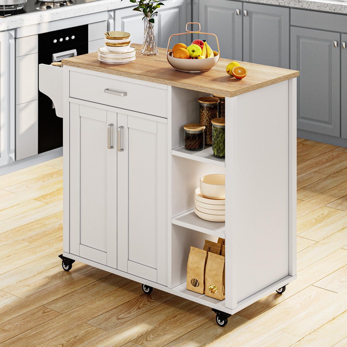 YITAHOME 37" Rolling Kitchen Island Cart with Storage, Butcher Block Island on Wheels, Mobile Kitchen Storage Carts with Shelves & Spice, White YITAHOME