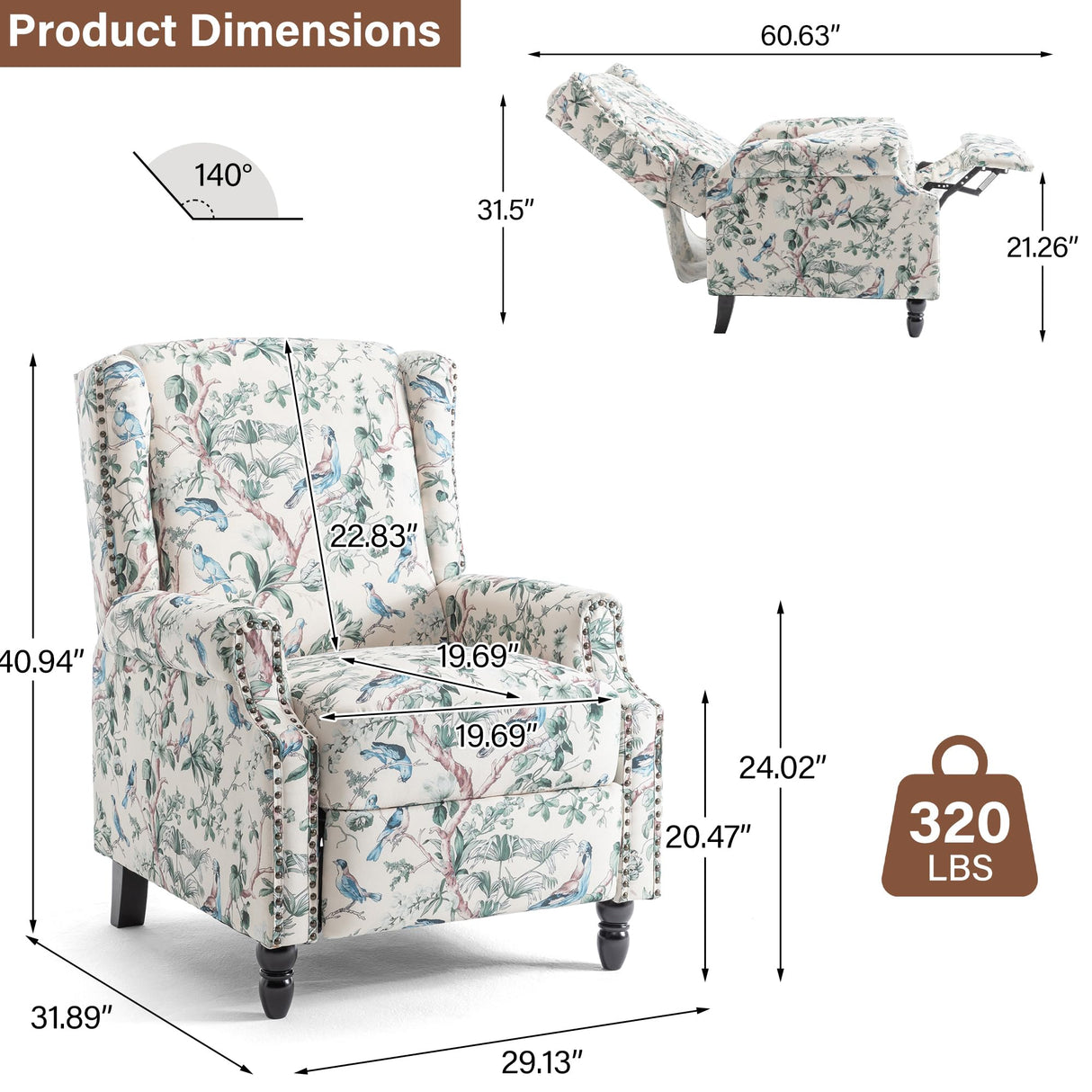 Wingback Recliner Chair, Floral Fabric Pushback Recliner Chair, Upholstered Armchair Push Back Recliner, Rivet Trim Single Sofa Accent Chair with Wood Legs for Living Room, Bird Lumibee