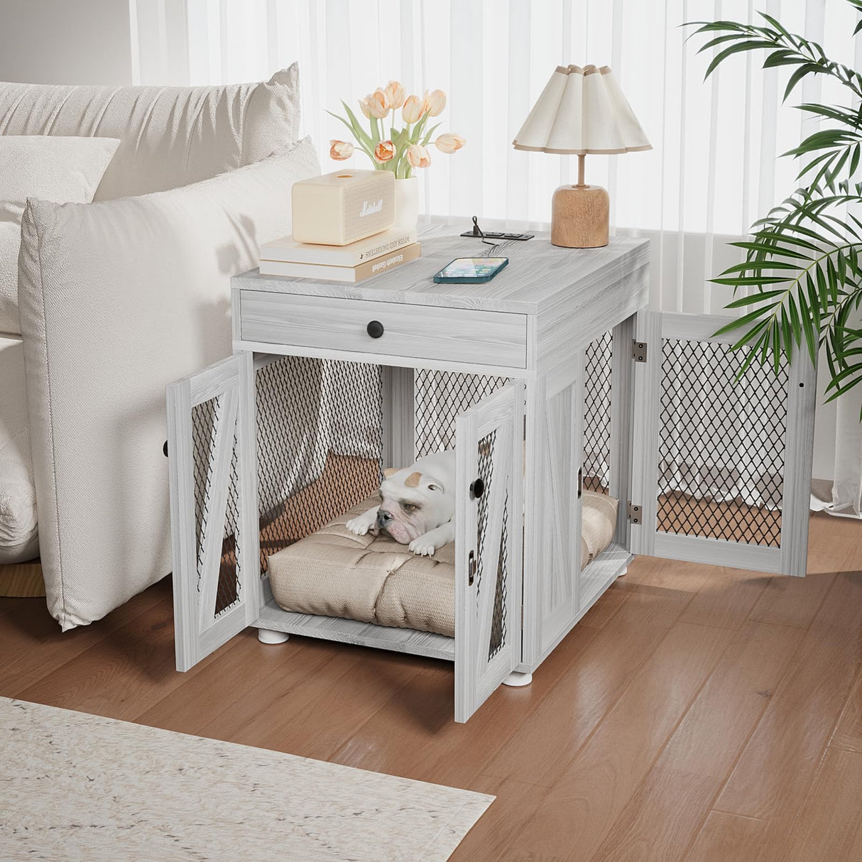 VOWNER Dog Crate Furniture, Wooden Dog Kennel End Table with USB Charging Station, Storage Drawer, Double Latched Door, Furniture-Style Crate Side Table for Small Dogs Under 25 lbs Indoor, Gray Pine VOWNER