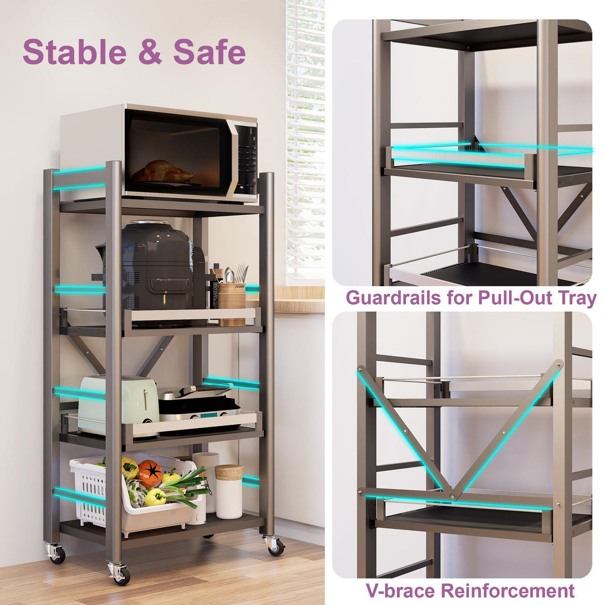4-Tier Pull Out Kitchen Baker's Rack with Wheels, Heavy Duty Metal Microwave Stand with Storage, Adjustable Ktichen Shelves Freestanding, Rolling Utility Storage Cart (23.6''W x 49.2''H) Sharkwave Living