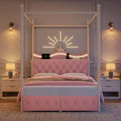 Keyluv Full LED Canopy Bed Frame with Storage Drawers and Charging Station, Four Poster Bed Frame with Upholstered Button Tufted Crown Headboard, 2 in 1 Royal Princess Pink Bed with Removable Posts
