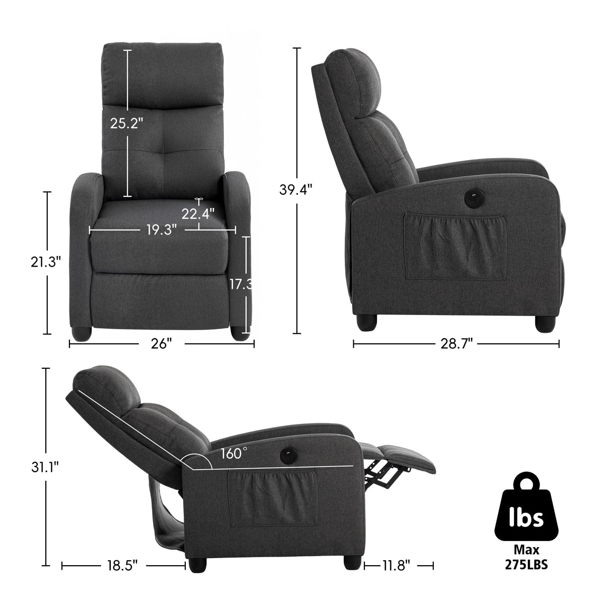 Sftaiyou Power Massage Small Recliner Chair, Fabric Recliners for Adults, Adjustable Home Theater Seating with Lumbar Support, Modern Reclining Sofa Chair for Living Room Bedroom (Black) Sftaiyou