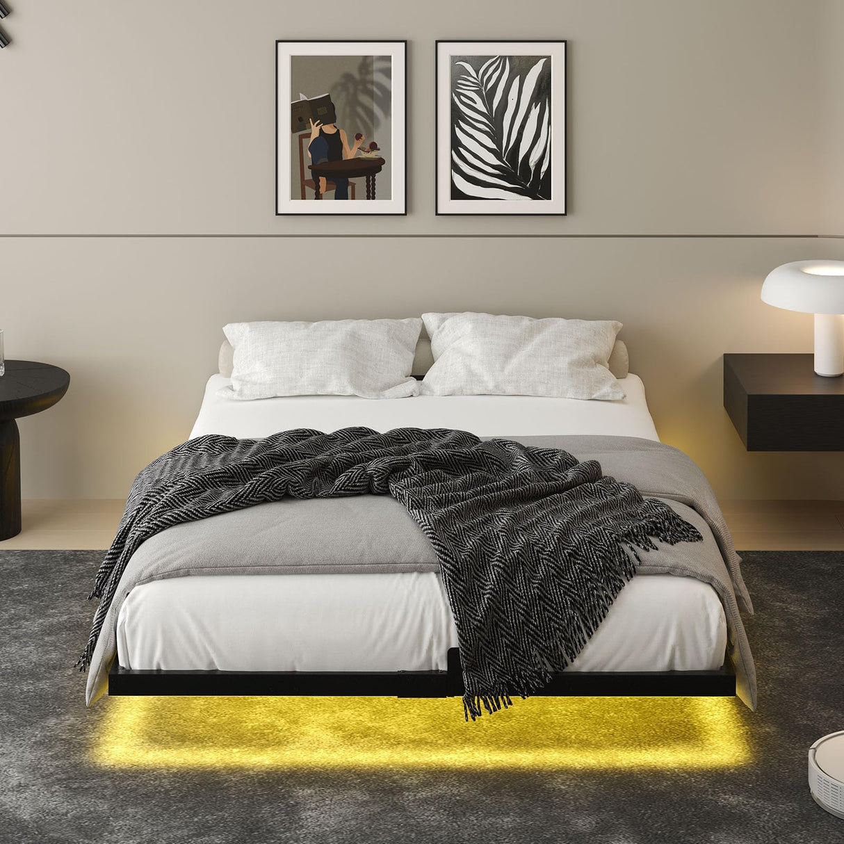 HOMBCK Floating Bed Frame Queen with LED Lights, Modern Metal Platform Bed Frame Queen Size, Heavy Duty Steel Slats Support, No Box Spring Needed, Noise Free, Easy Assembly, Black HOMBCK