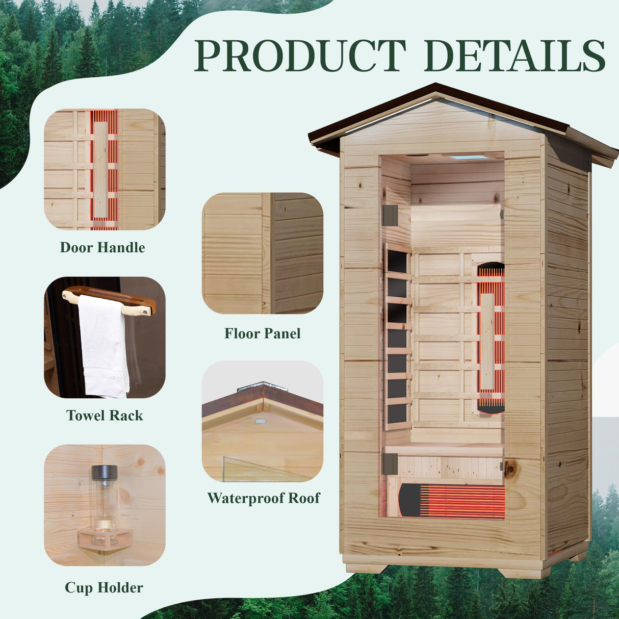 BNEHS Outdoor Sauna 1 Person,Full Spectrum Infrared Sauna,Home Sauna with 10 Minutes Warm Up Heating Tubes & Panels,Personal Wooden Sauna Room with Bluetooth Speaker,1820Watt BNEHS