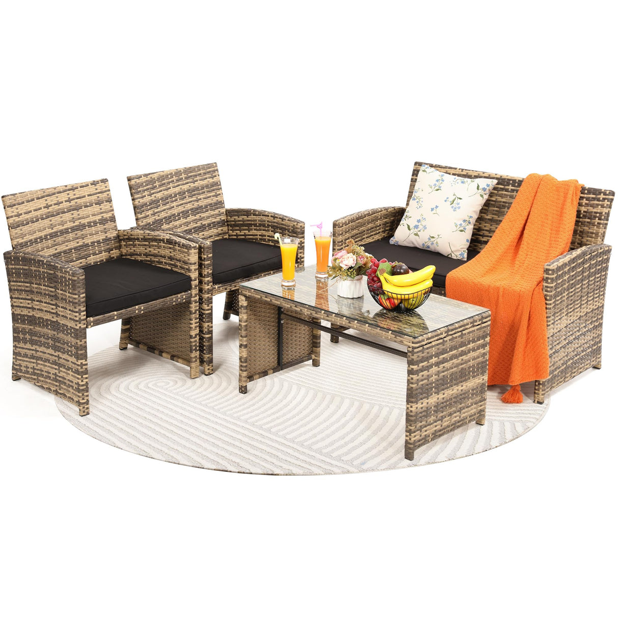 KROFEM 4 Pieces Rattan Patio Furniture Set,Outside Sectional Conversation Cushioned Sofa Set, Wicker Sofa Ideal for Garden, Porch, Backyard, Natural Rattan with Black Cushion KROFEM