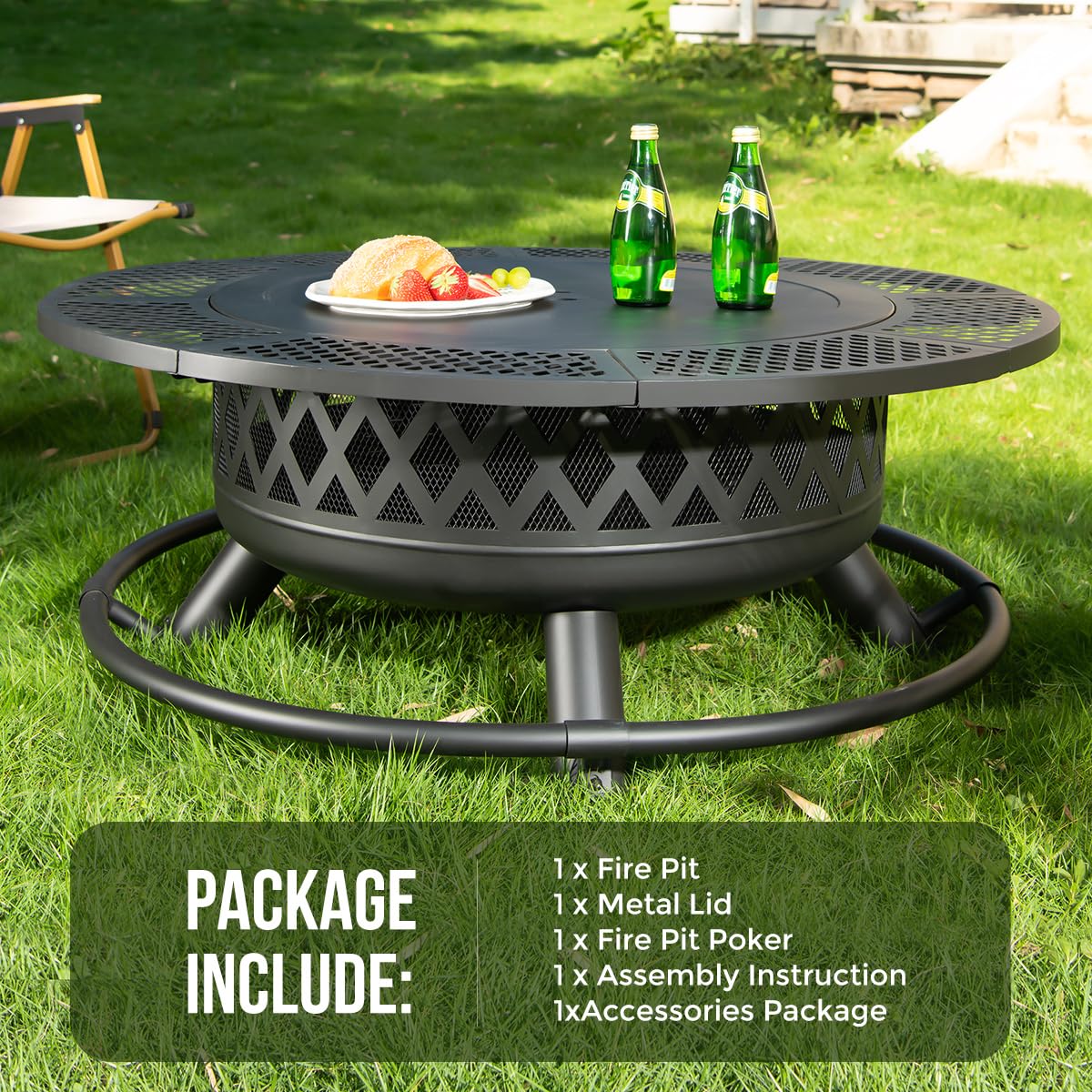 Panovue 42 Inch Outdoor Fire Pit with Grill, Large Firepit Table for Outside, Metal Round Firepits with Lid&Fire Poker,3 in 1 Wood Burning Fire Pits & Outdoor Fireplaces for Backyard,Patio(Black) Panovue