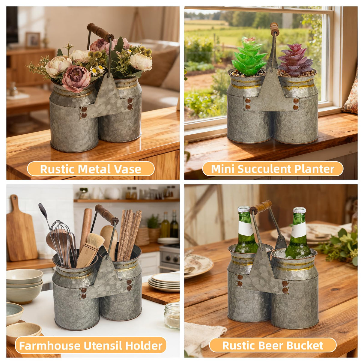 UPPER DECOR Set of 2 Rustic Galvanized Metal Utensil Holders with Handles, Farmhouse Kitchen Crocks for Spoons, Forks, and Knives, Countertop Organizer Buckets for Rustic Kitchen Décor, 8x4x6.75 Inch UPPER DECOR