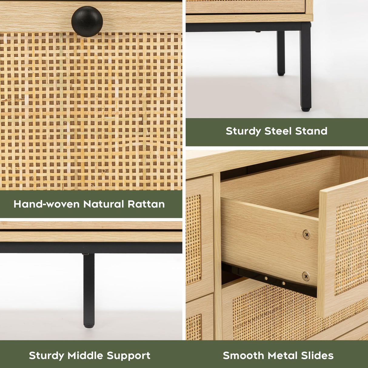 Yechen Natural Rattan 9 Drawer Dresser, 59" Wide Light Wood Chest of Drawers, Large Boho Oak Dressers with Smooth Metal Slides, Mid-century Dresser TV Stand Drawer Organizer for Bedroom Nursery Closet Yechen