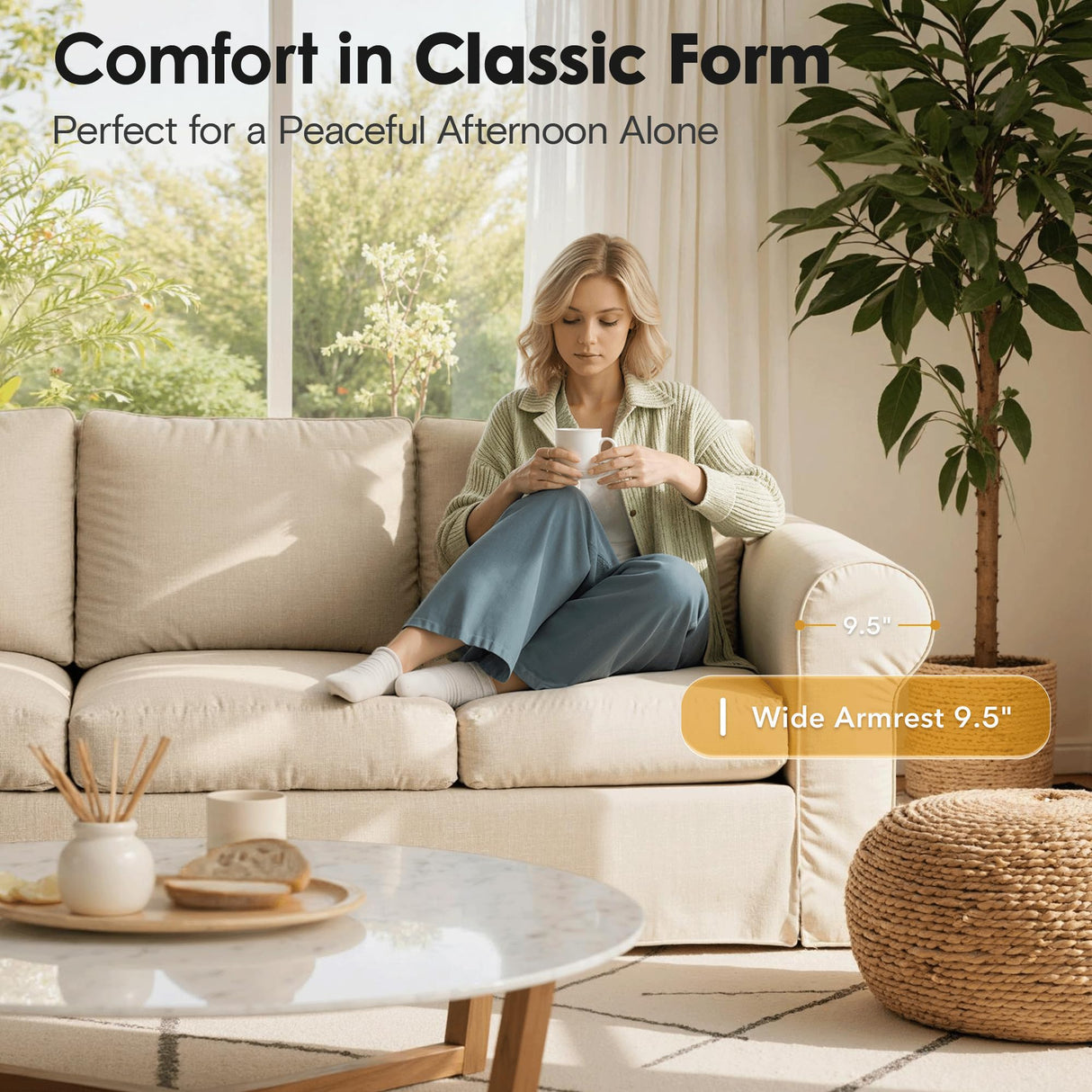 89" 3-Seater Couch with Rolled Arm, Farmhouse Slipcovered Sofa with Washable Cover, Supportive Cushions & Sturdy Frame, White Couches for Living Room, Small Spaces, Apartment, Office, Easy Assembly Vorthio