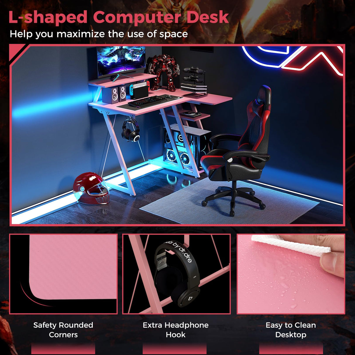Tangkula L Shaped Gaming Desk with Power Outlets, Small Gaming Computer Desk 39inch with Storage Shelf, Corner Desk with Carbon Fiber Texture, Gamer Desk Gaming Table (Pink) Tangkula