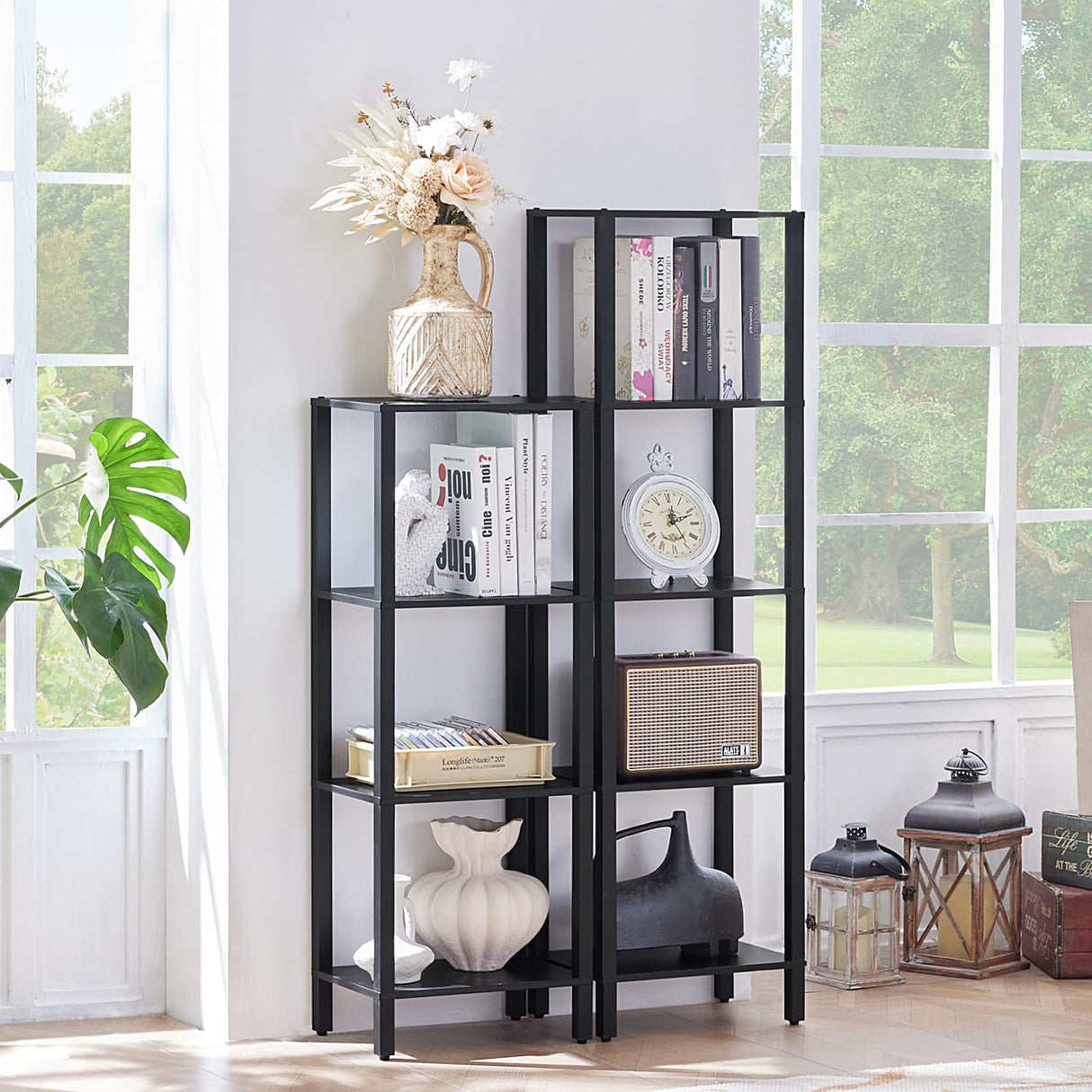 YUFAM 4 Tier Tall Wooden Bookshelf with Storage - Small Bookcase for Small Spaces, Shelf for Living Room, Office, Bedroom, Kitchen - Industrial Modern Black Book Shelf