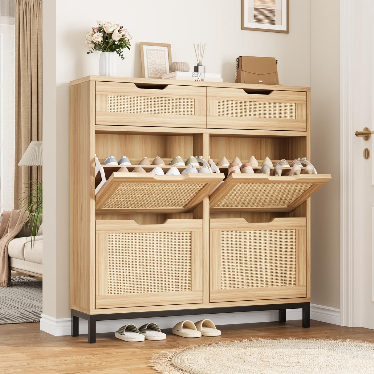 Jocoevol Rattan Shoe Cabinet Storage for Entryway - Hidden Shoes Storage with 4 Flip Drawers, Narrow Shoe Organizer Cabinet for Hallway, Foyer (Brown) Jocoevol