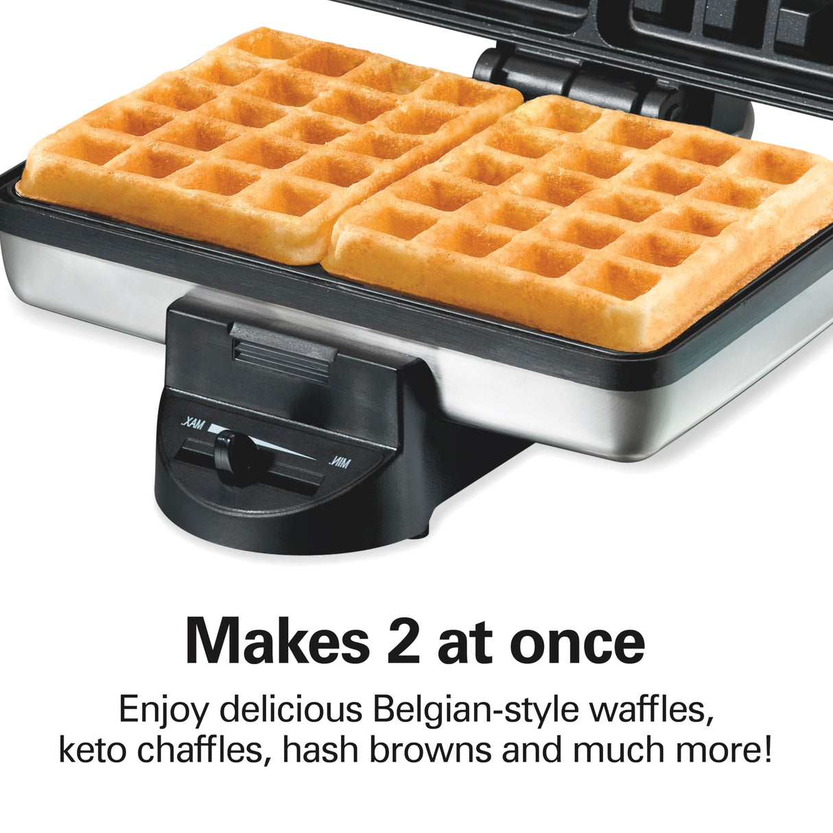 Hamilton Beach Belgian Mini Waffle Maker with Shade Control, Makes 2 at Once, Create Personalized Keto Chaffles and Hash Browns, Non-Stick Plates, Compact Design, Stainless Steel Hamilton Beach