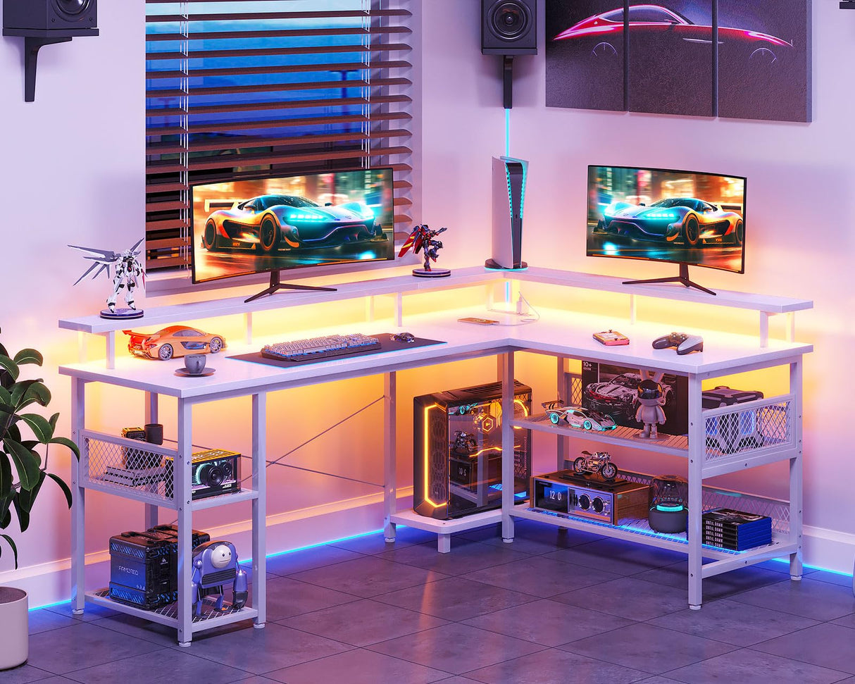 ODK 66" Reversible L Shaped Gaming Desk with LED Lights and Power Outlets in Grey Oak ODK