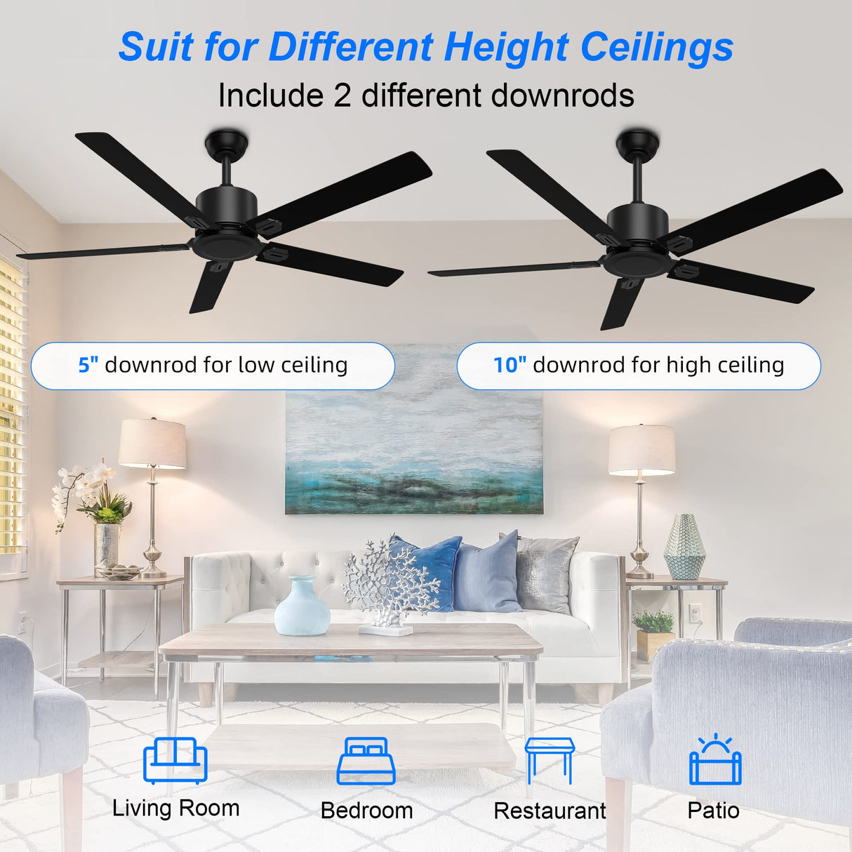 BECLOG Ceiling Fan with Remote Control, Ceiling Fans 52" Outdoor/Indoor with 6 Speeds Reversible DC Motor Ceiling Fans No Lights Modern Black for Kitchen, Living Room, Farmhouse, Patios BECLOG