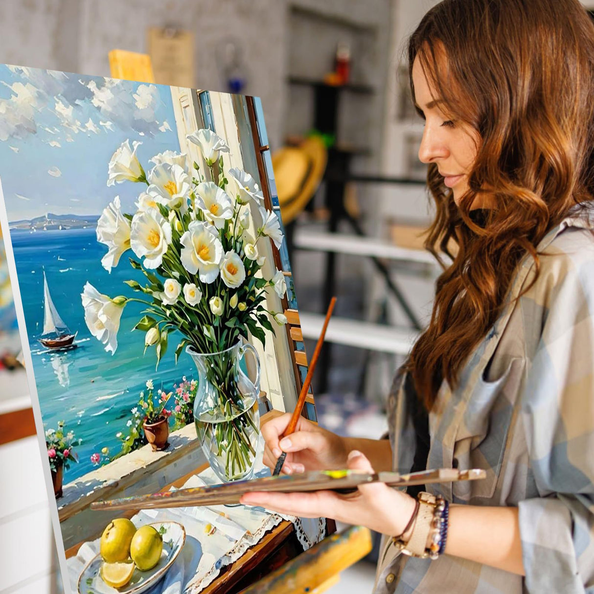 Paint by Numbers Kit for Adults - White Flower in Glass Vase Adult Paint by Number Kits on Canvas for Beginner, Sea DIY Acrylic Oil Number Painting for Adults, Perfect for Home Decor Gift 16x20 Inch GEEHEIY