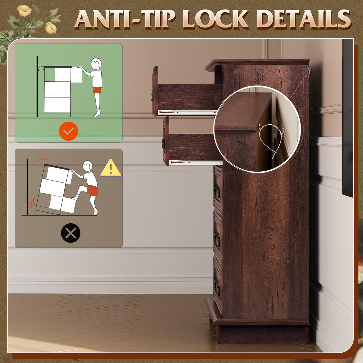 WLIVE Farmhouse Dresser for Bedroom, Tall Wood Dresser with 5 Drawer, Chest of Drawers with Roman Metal Handle for Living Room, Hallway, Closet, Brown WLIVE