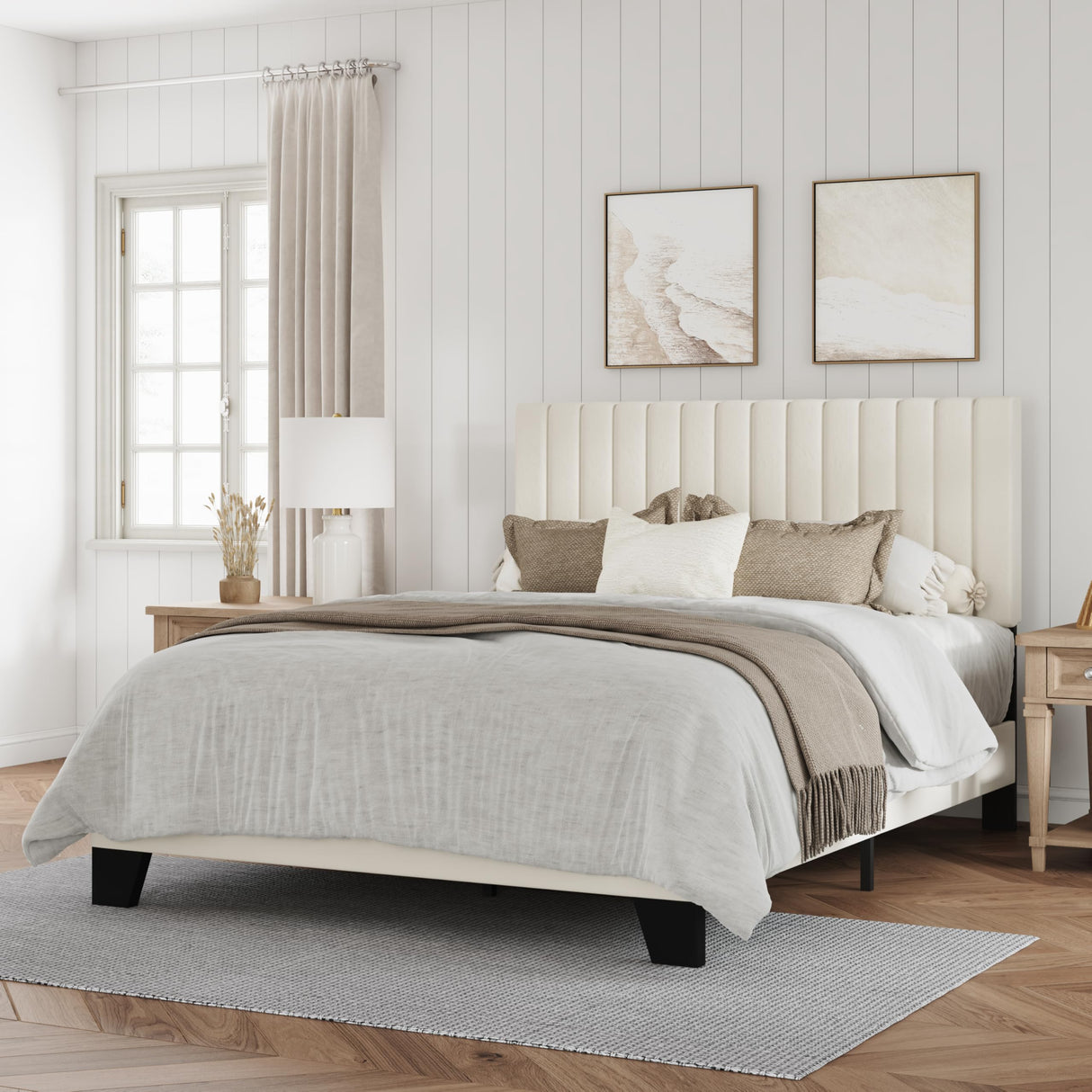 IOILORI Full Size Bed Frame, Velvet Upholstered Platform Bed with Adjustable Tufted Headboard, Sturdy Frame and Slats, No Noiseless, No Box Spring Required, Easy Assembly, Beige IOILORI