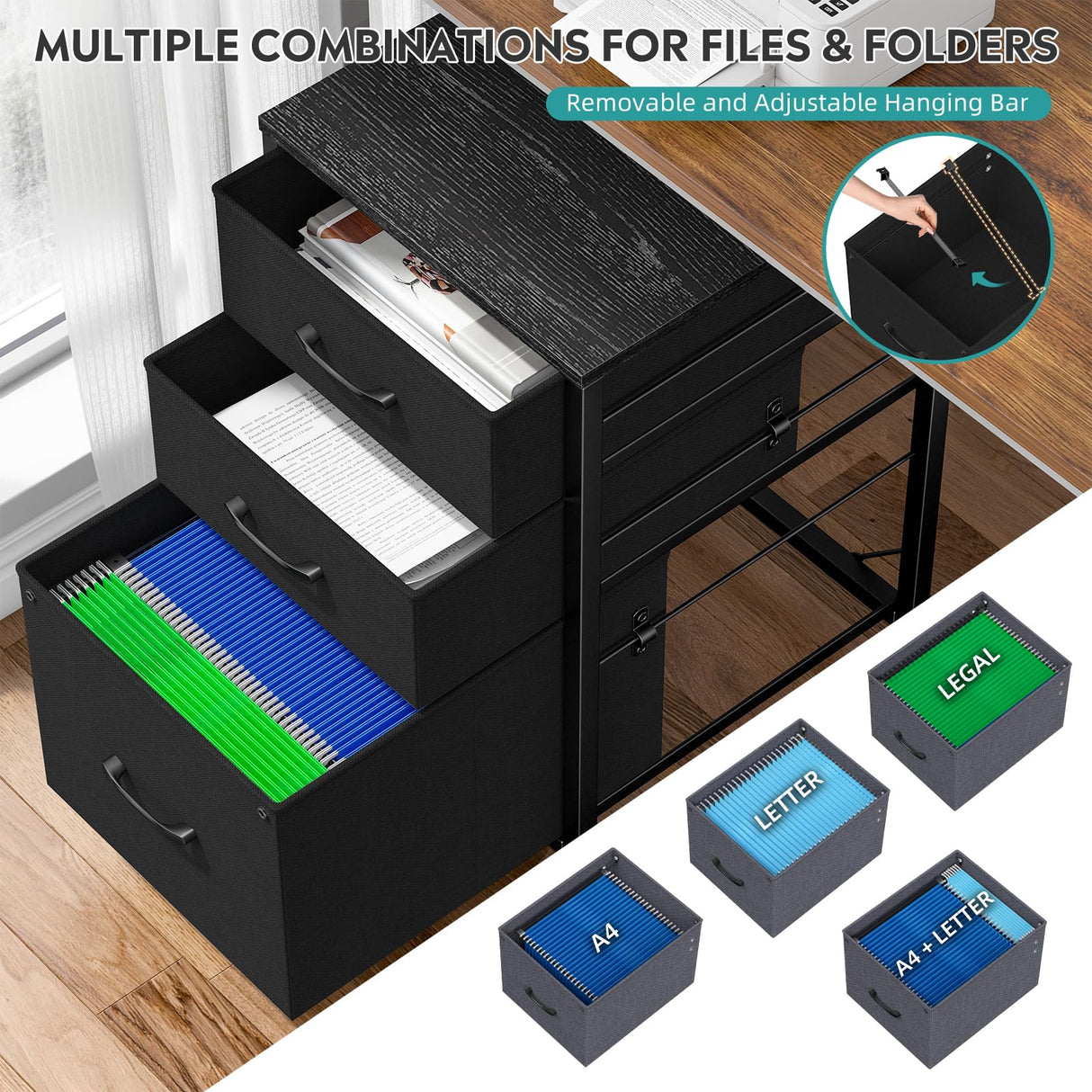 Raybee 3 Drawer File Cabinet Printer Stand Filing Cabinet Rolling File Cabinets for Home Office Fabric Vertical Office Storage Cabinet Fits A4, Legal, Letter Size, 16.9" D*15.6" W*26.6" H, Black Raybee