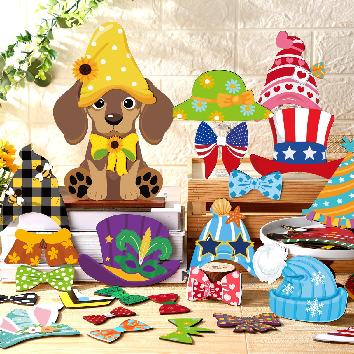 Anglechic 42 Pcs Interchangeable Christmas Dog Holiday Decor Seasonal Sign Fall Thanksgiving Tiered Tray Decoration Farmhouse Rustic Wooden Home Office Classroom Desk Accessories Welcome Ornament Gift Anglechic